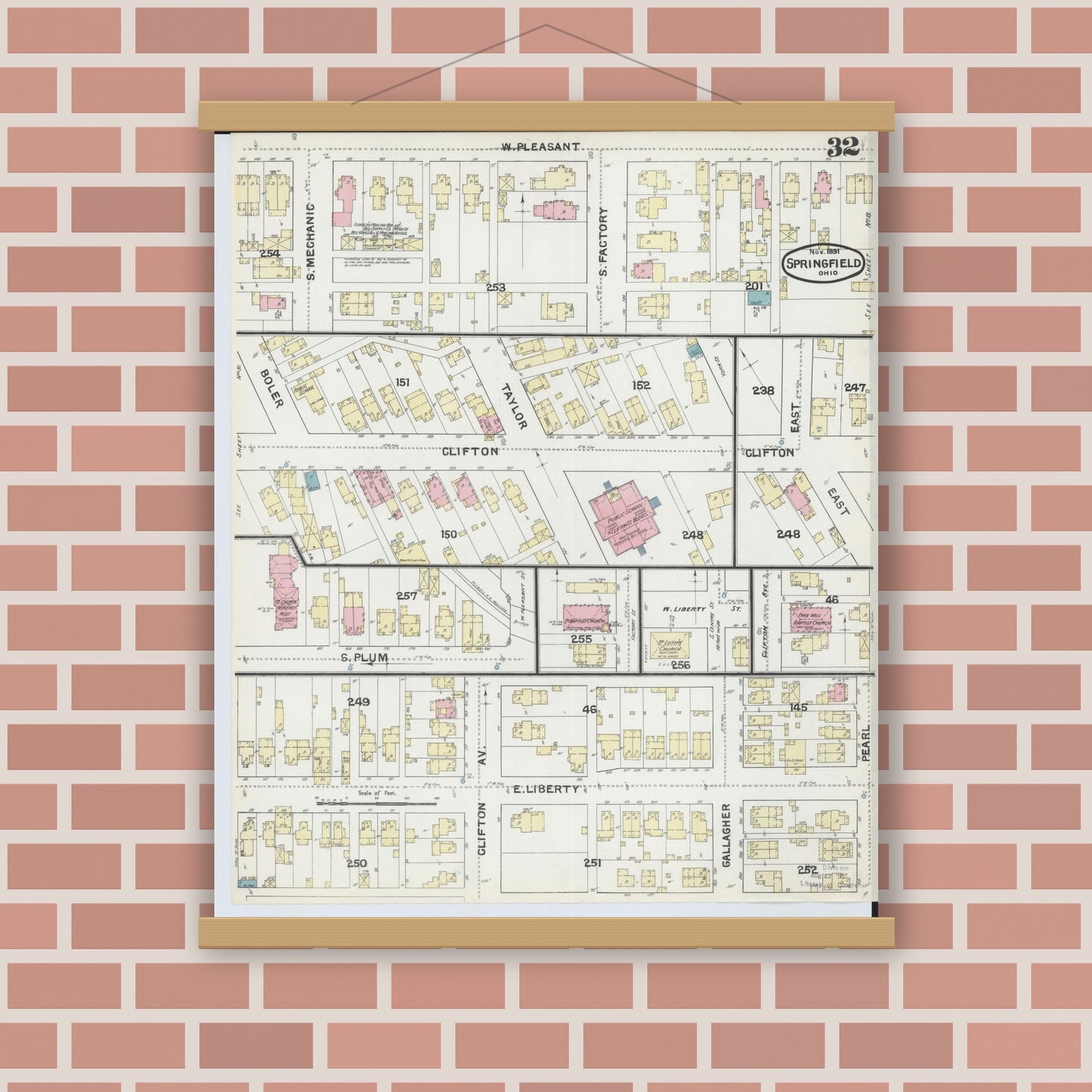 Old map wall art mockup — magnetic wood frame on brick wall — Sanborn Fire Insurance Map from Springfield, Clark County, Ohio (1891), Sheet #0032