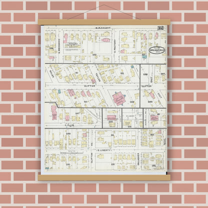 Old map wall art mockup — magnetic wood frame on brick wall — Sanborn Fire Insurance Map from Springfield, Clark County, Ohio (1891), Sheet #0032