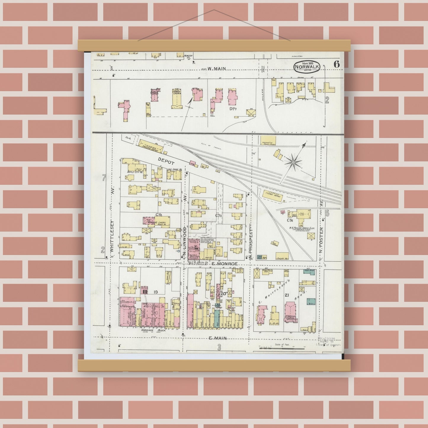 Old map wall art mockup — magnetic wood frame on brick wall — Sanborn Fire Insurance Map from Norwalk, Huron County, Ohio (1893), Sheet #0006