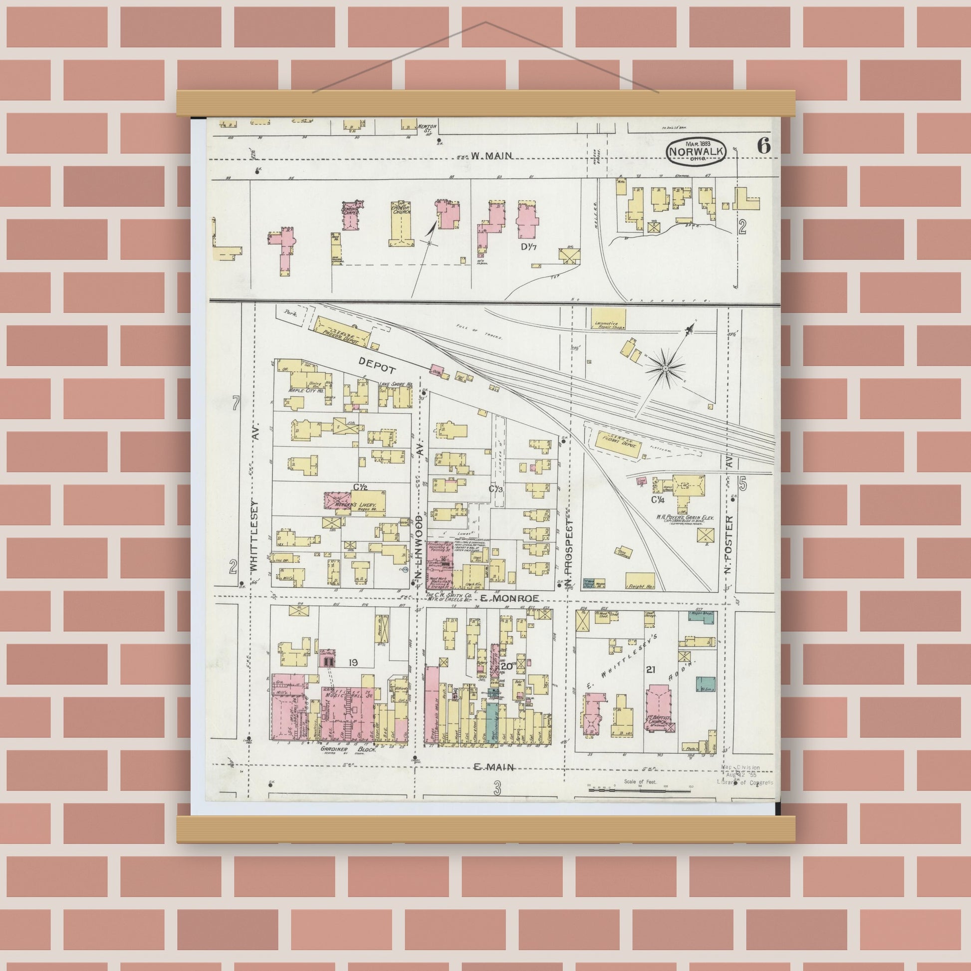 Old map wall art mockup — magnetic wood frame on brick wall — Sanborn Fire Insurance Map from Norwalk, Huron County, Ohio (1893), Sheet #0006