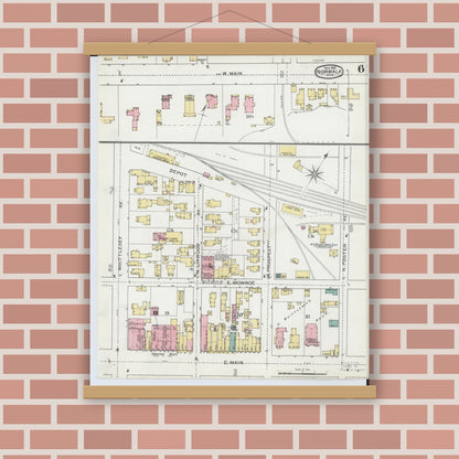 Old map wall art mockup — magnetic wood frame on brick wall — Sanborn Fire Insurance Map from Norwalk, Huron County, Ohio (1893), Sheet #0006