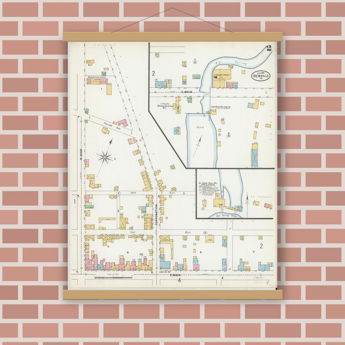 Old map wall art mockup — magnetic wood frame on brick wall — Sanborn Fire Insurance Map from Newville, Cumberland County, Pennsylvania (1899), Sheet #0002