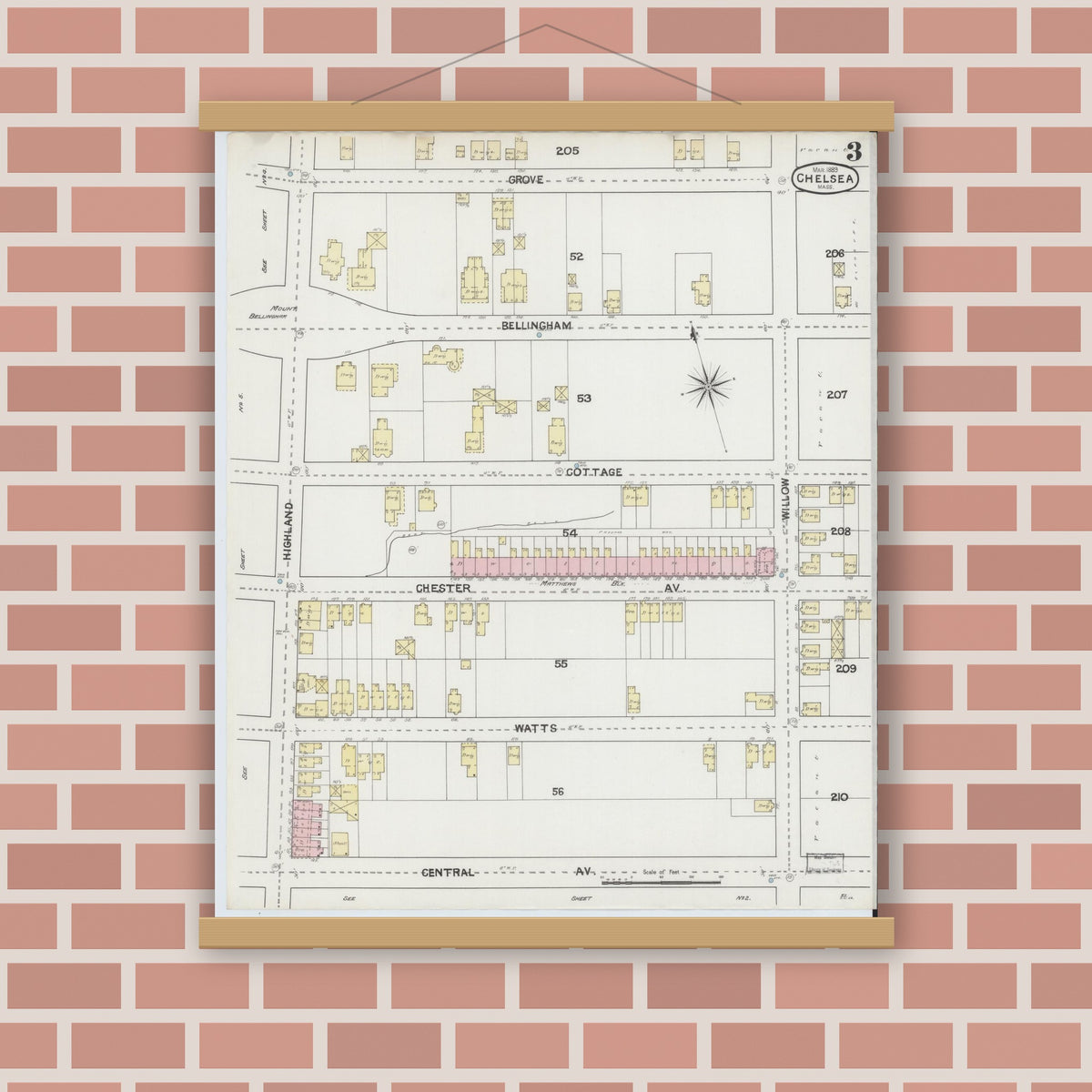 Old map wall art mockup — magnetic wood frame on brick wall — Sanborn Fire Insurance Map from Chelsea, Suffolk County, Massachusetts (1889), Sheet #0003