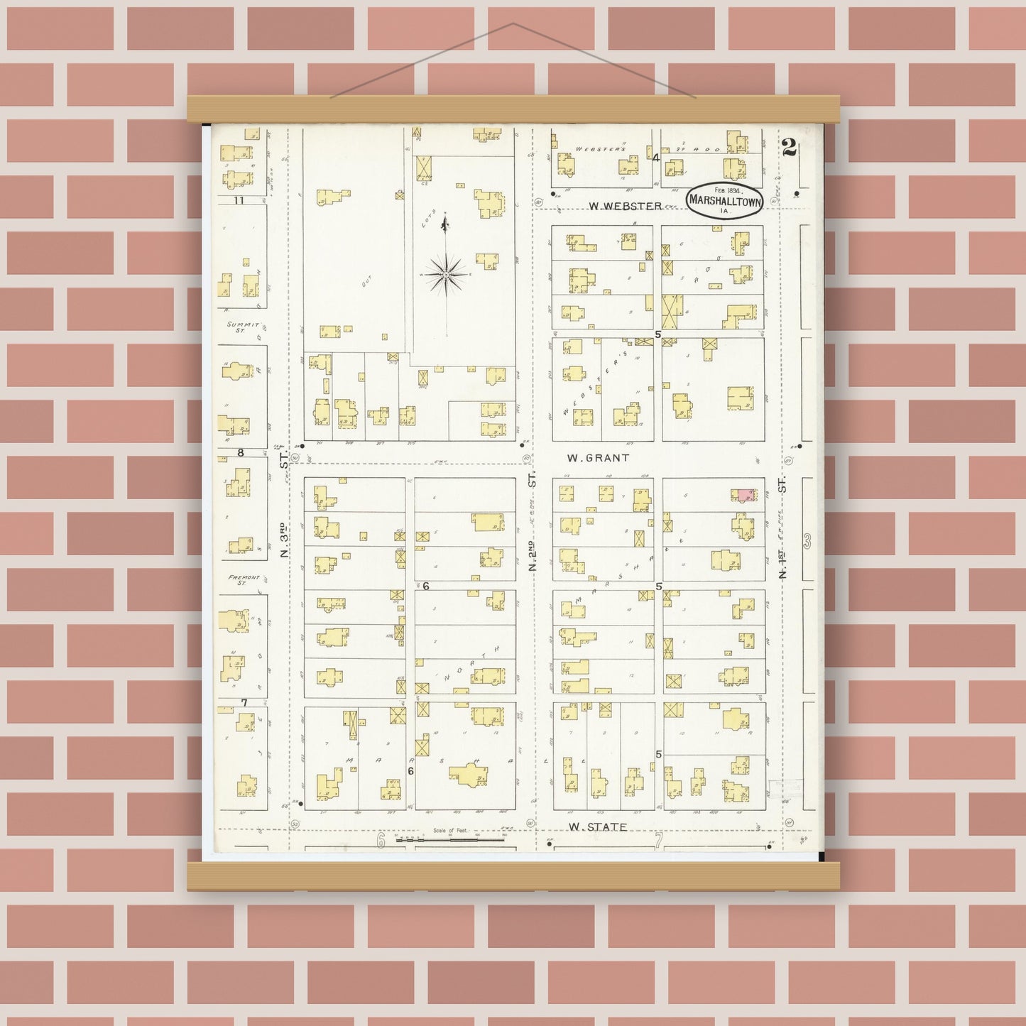 Old map wall art mockup — magnetic wood frame on brick wall — Sanborn Fire Insurance Map from Marshalltown, Marshall County, Iowa (1894), Sheet #0002