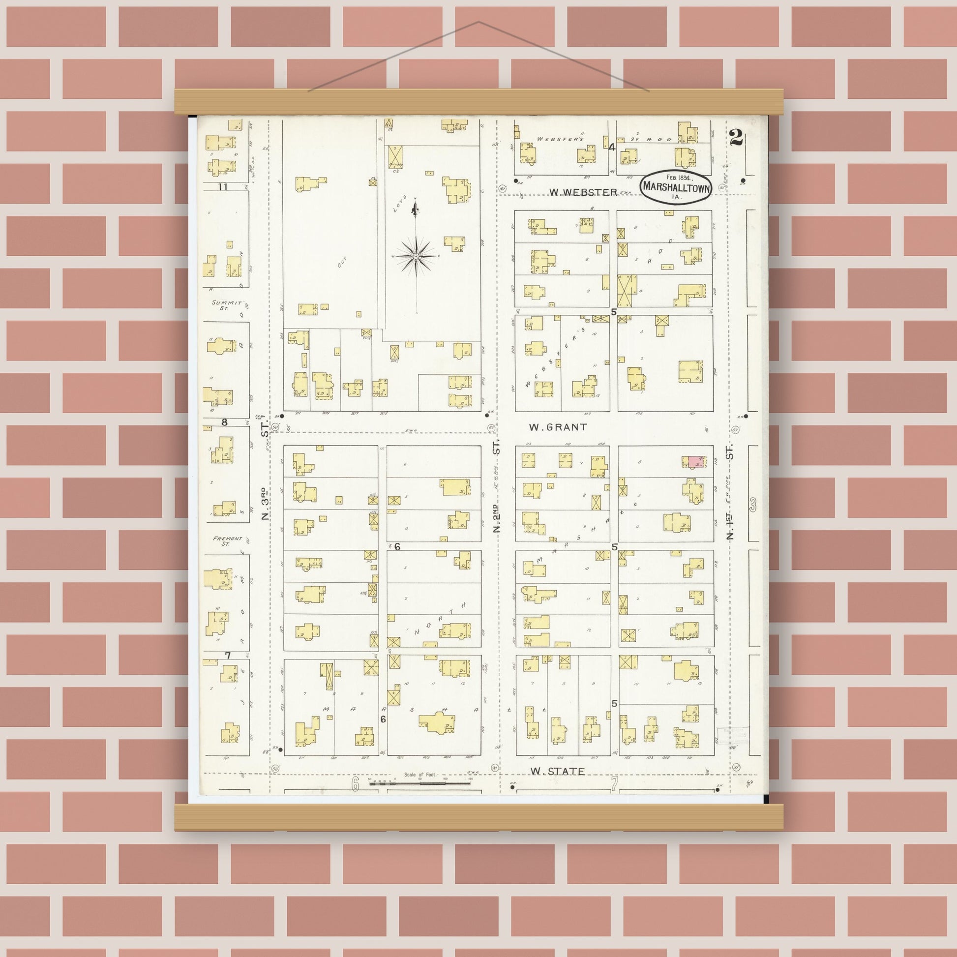 Old map wall art mockup — magnetic wood frame on brick wall — Sanborn Fire Insurance Map from Marshalltown, Marshall County, Iowa (1894), Sheet #0002