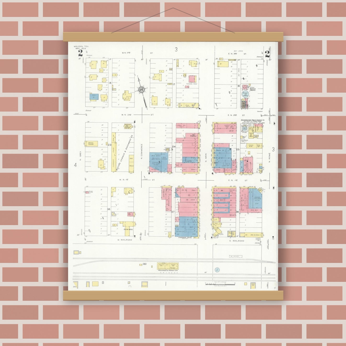 Old map wall art mockup — magnetic wood frame on brick wall — Sanborn Fire Insurance Map from McLean, Gray County, Texas (1933), Sheet #0002