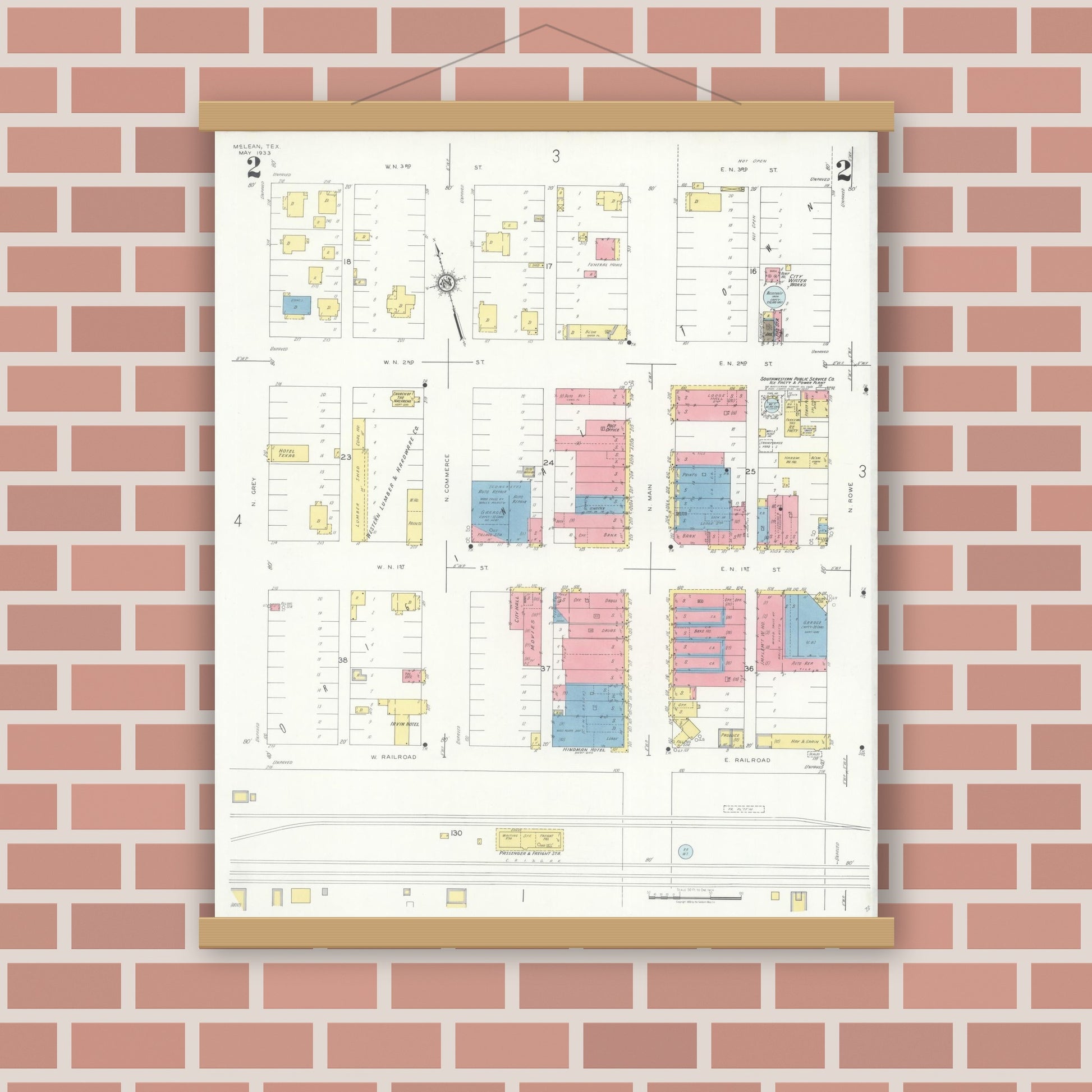 Old map wall art mockup — magnetic wood frame on brick wall — Sanborn Fire Insurance Map from McLean, Gray County, Texas (1933), Sheet #0002