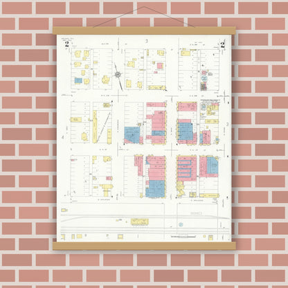 Old map wall art mockup — magnetic wood frame on brick wall — Sanborn Fire Insurance Map from McLean, Gray County, Texas (1933), Sheet #0002