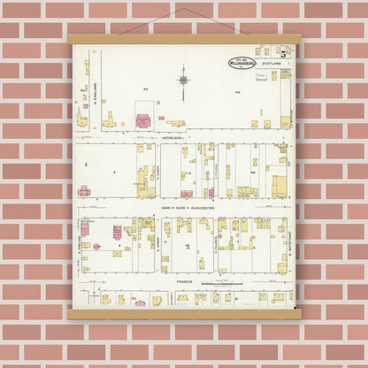 Old map wall art mockup — magnetic wood frame on brick wall — Sanborn Fire Insurance Map from Williamsburg, Independent Cities, Virginia (1921), Sheet #0005