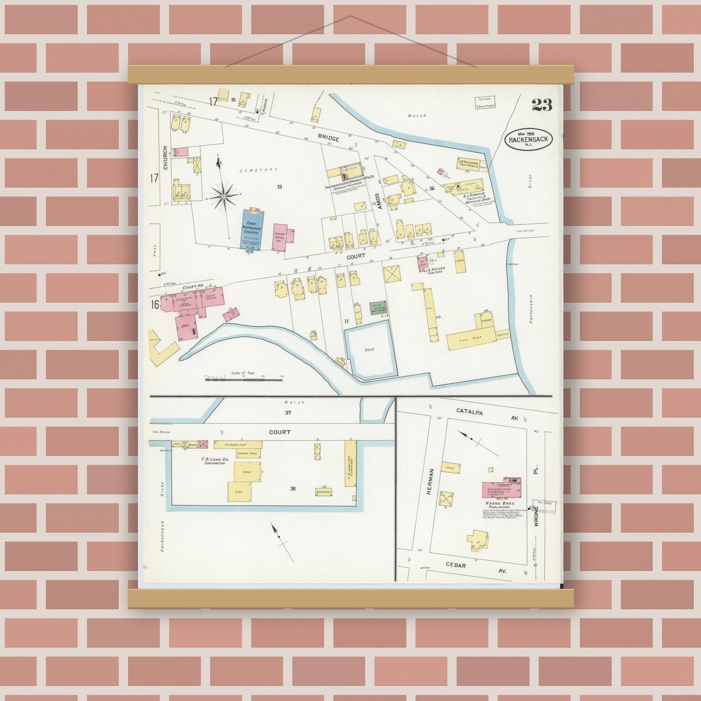 Old map wall art mockup — magnetic wood frame on brick wall — Sanborn Fire Insurance Map from Hackensack, Bergen County, New Jersey (1908), Sheet #0023