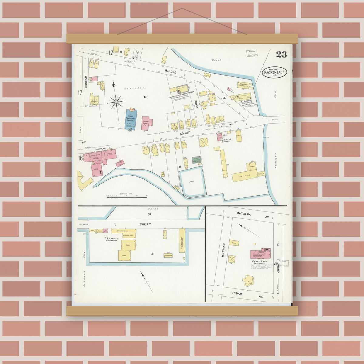 Old map wall art mockup — magnetic wood frame on brick wall — Sanborn Fire Insurance Map from Hackensack, Bergen County, New Jersey (1908), Sheet #0023