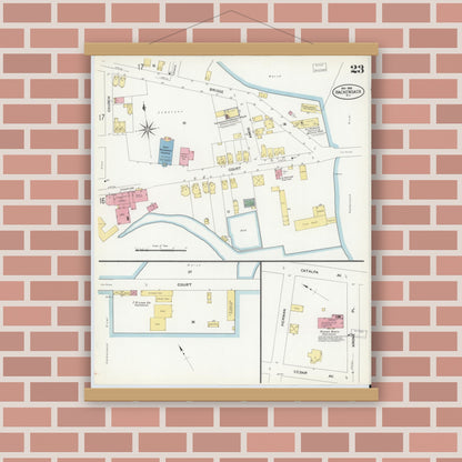 Old map wall art mockup — magnetic wood frame on brick wall — Sanborn Fire Insurance Map from Hackensack, Bergen County, New Jersey (1908), Sheet #0023