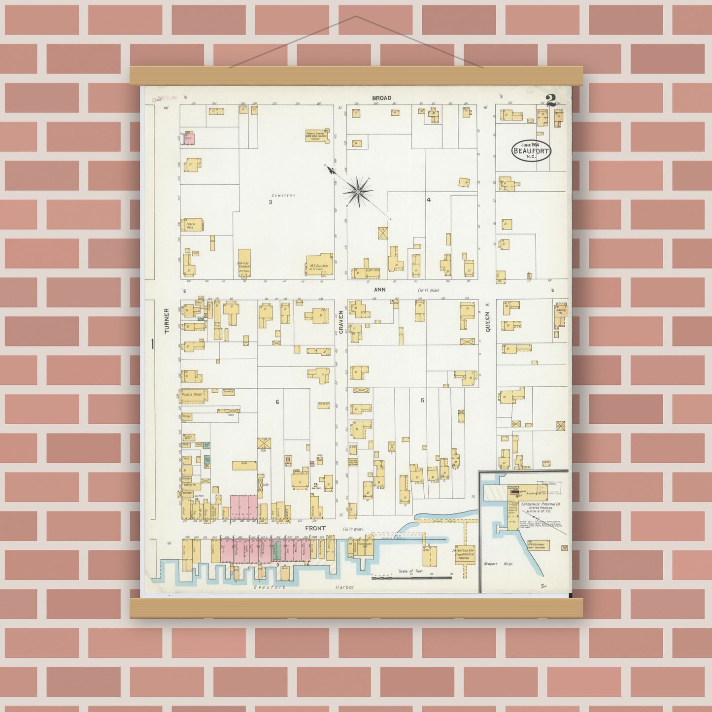 Old map wall art mockup — magnetic wood frame on brick wall — Sanborn Fire Insurance Map from Beaufort, Carteret County, North Carolina (1904), Sheet #0002