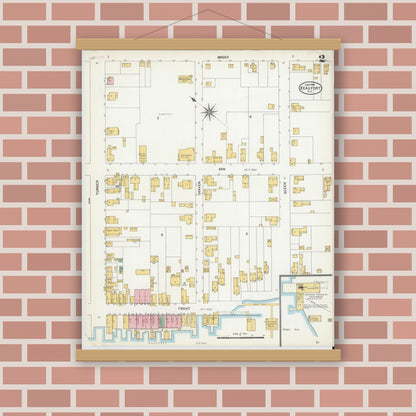 Old map wall art mockup — magnetic wood frame on brick wall — Sanborn Fire Insurance Map from Beaufort, Carteret County, North Carolina (1904), Sheet #0002