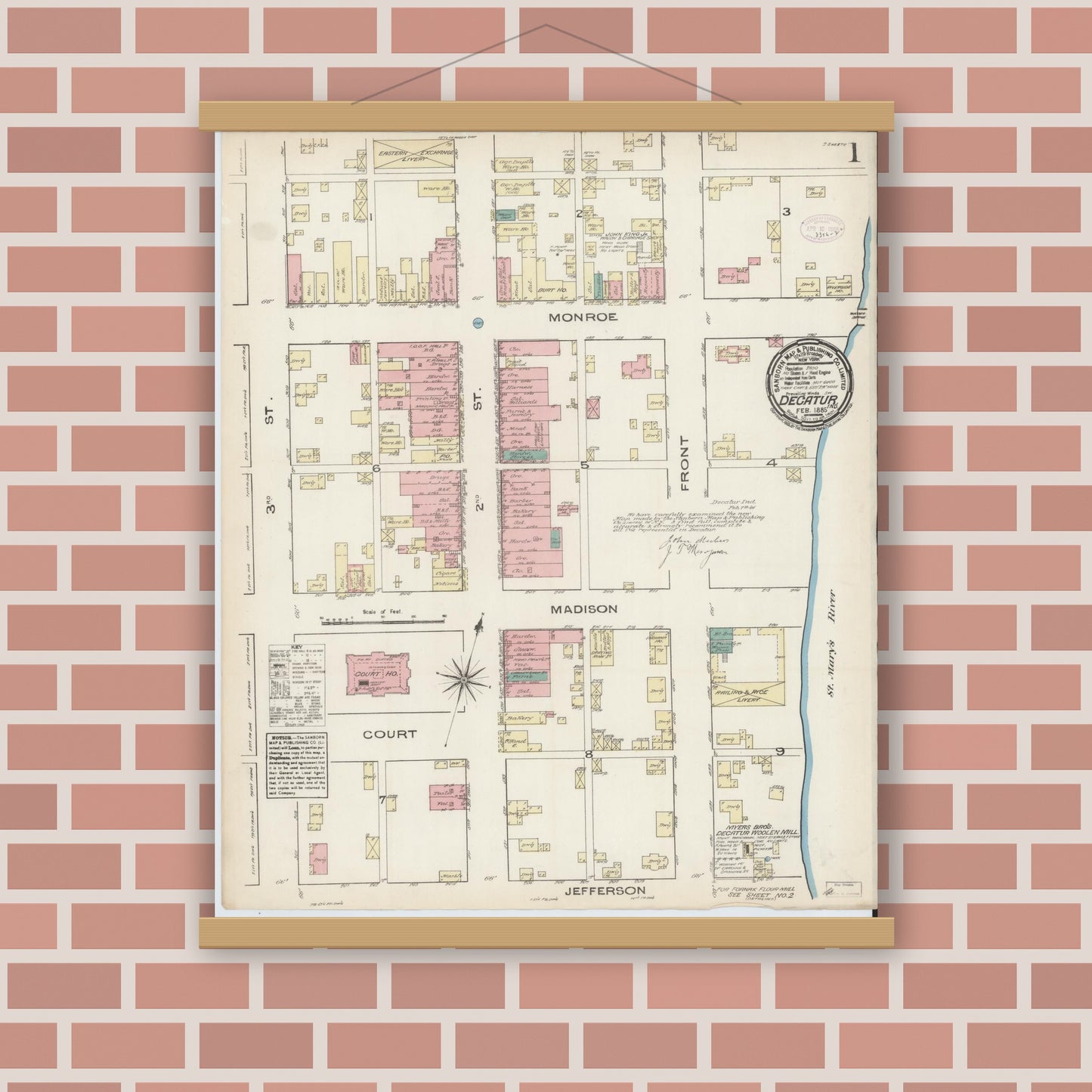 Old map wall art mockup — magnetic wood frame on brick wall — Sanborn Fire Insurance Map from Decatur, Adams County, Indiana (1885) - Complete Map Set