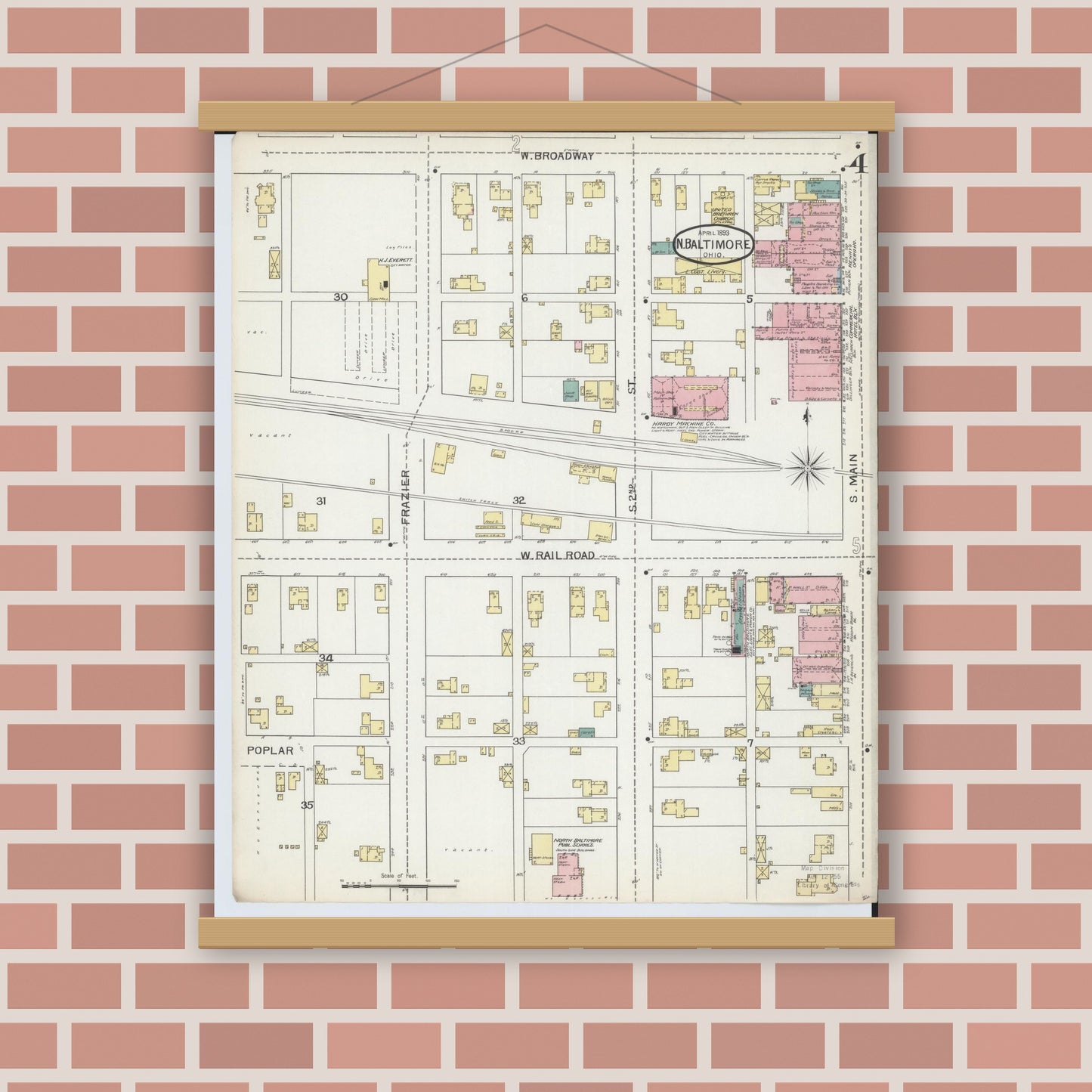 Old map wall art mockup — magnetic wood frame on brick wall — Sanborn Fire Insurance Map from North Baltimore, Wood County, Ohio (1893), Sheet #0004