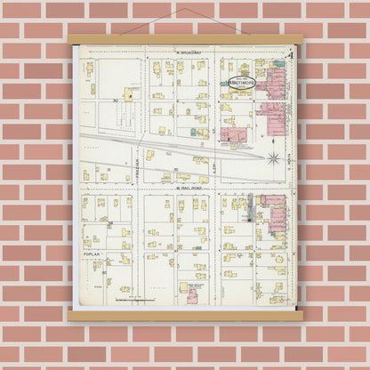 Old map wall art mockup — magnetic wood frame on brick wall — Sanborn Fire Insurance Map from North Baltimore, Wood County, Ohio (1893), Sheet #0004