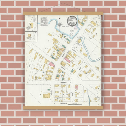 Old map wall art mockup — magnetic wood frame on brick wall — Sanborn Fire Insurance Map from Marion, Waupaca County, Wisconsin (1901) - Complete Map Set