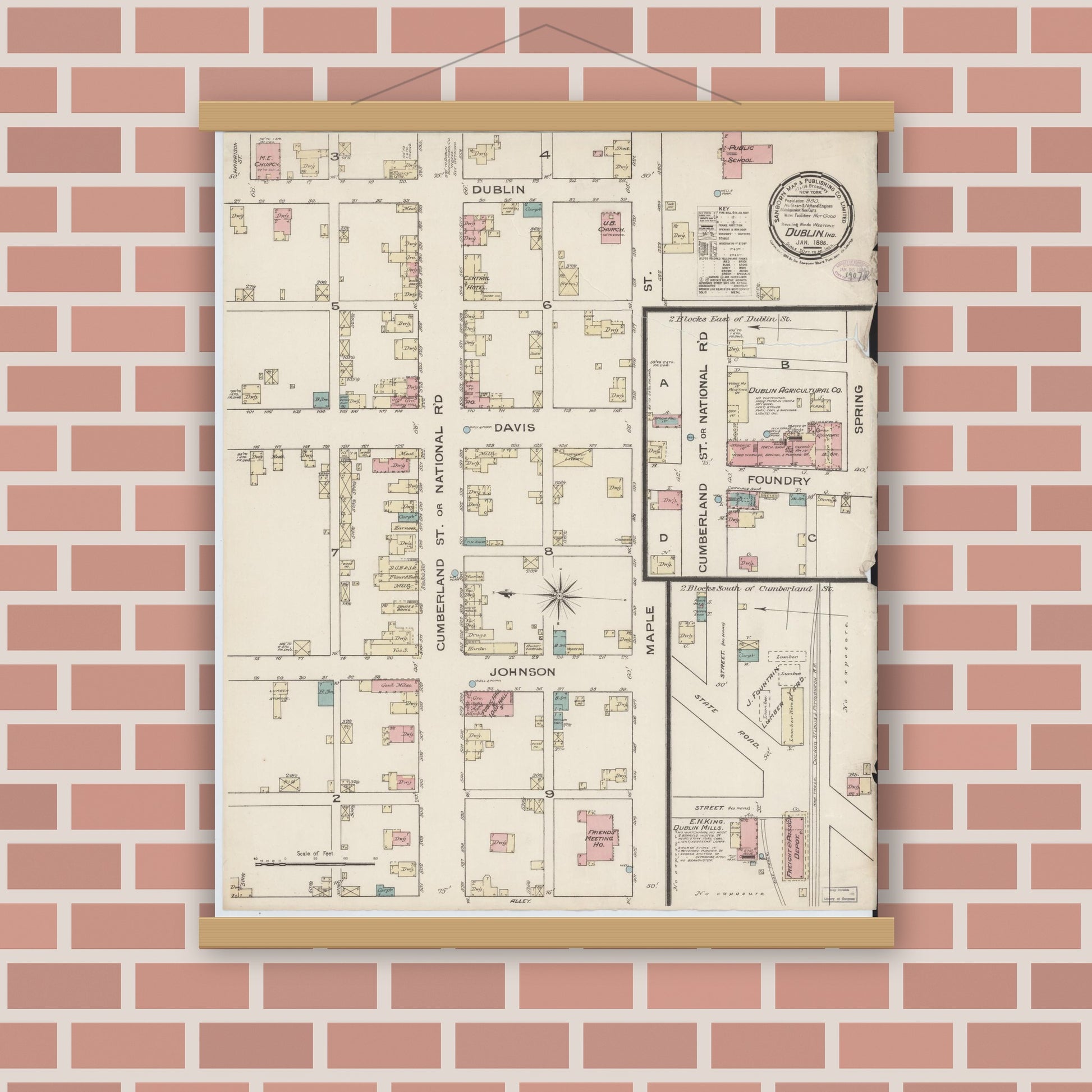 Old map wall art mockup — magnetic wood frame on brick wall — Sanborn Fire Insurance Map from Dublin, Wayne County, Indiana (1886), Sheet #0001