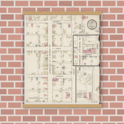 Old map wall art mockup — magnetic wood frame on brick wall — Sanborn Fire Insurance Map from Dublin, Wayne County, Indiana (1886), Sheet #0001