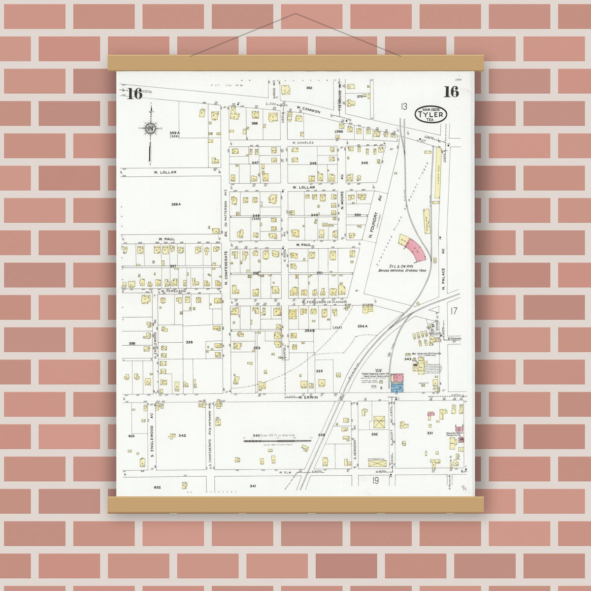 Old map wall art mockup — magnetic wood frame on brick wall — Sanborn Fire Insurance Map from Tyler, Smith County, Texas (1928), Sheet #0016