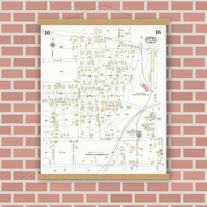 Old map wall art mockup — magnetic wood frame on brick wall — Sanborn Fire Insurance Map from Tyler, Smith County, Texas (1928), Sheet #0016