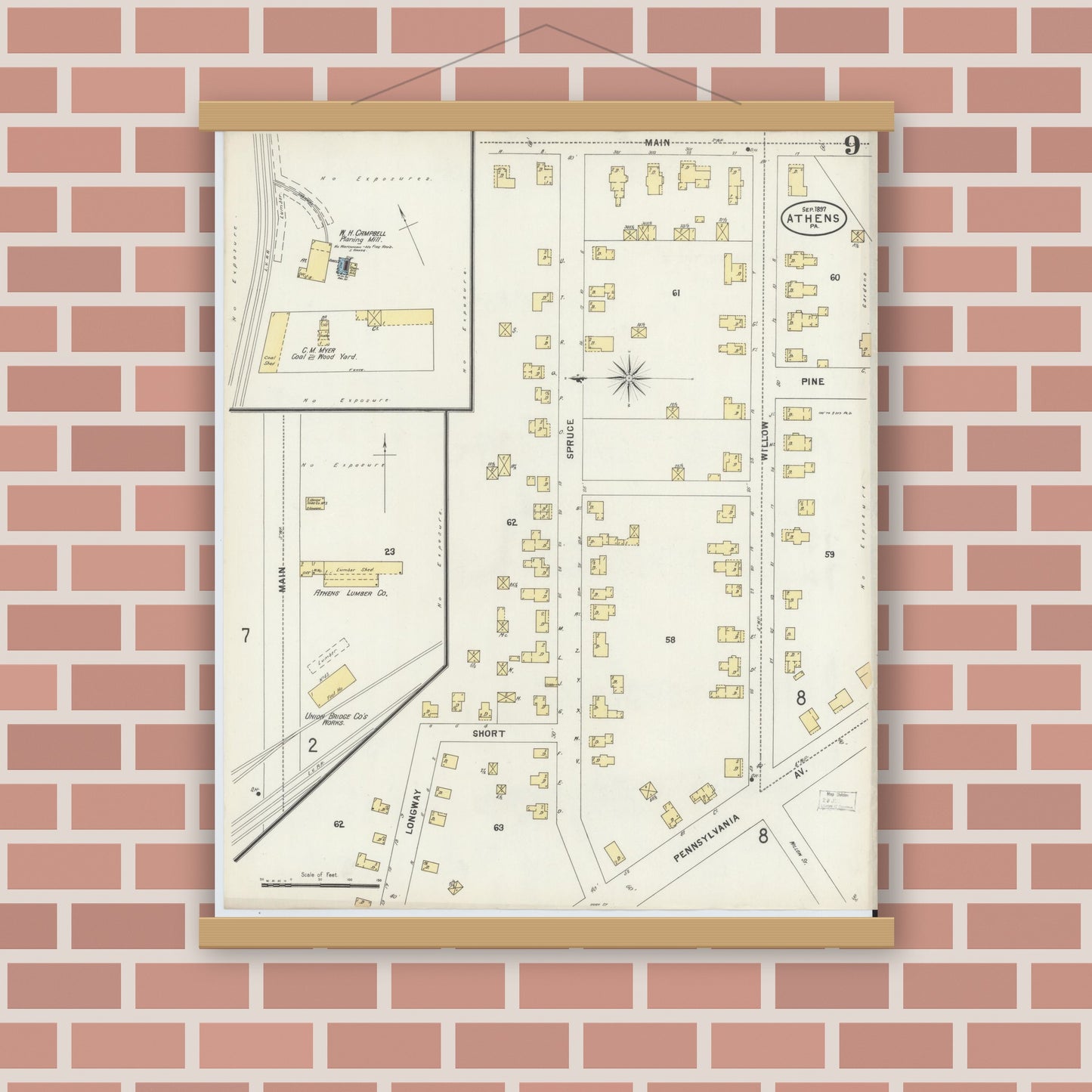 Old map wall art mockup — magnetic wood frame on brick wall — Sanborn Fire Insurance Map from Athens, Bradford County, Pennsylvania (1897), Sheet #0009