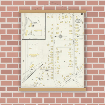 Old map wall art mockup — magnetic wood frame on brick wall — Sanborn Fire Insurance Map from Athens, Bradford County, Pennsylvania (1897), Sheet #0009