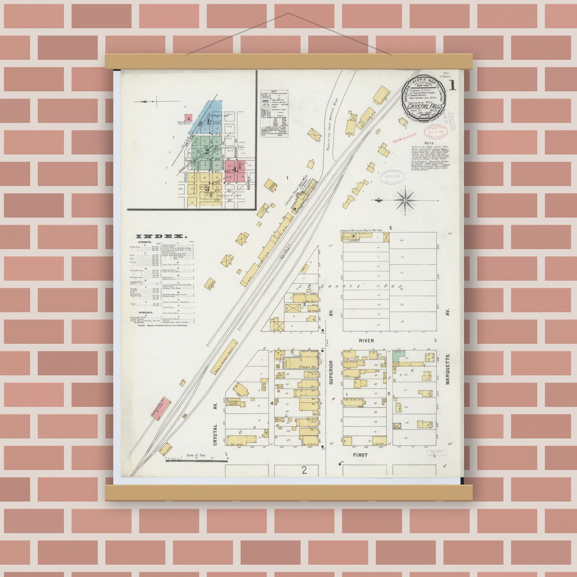 Old map wall art mockup — magnetic wood frame on brick wall — Sanborn Fire Insurance Map from Crystal Falls, Iron County, Michigan (1898) - Complete Map Set
