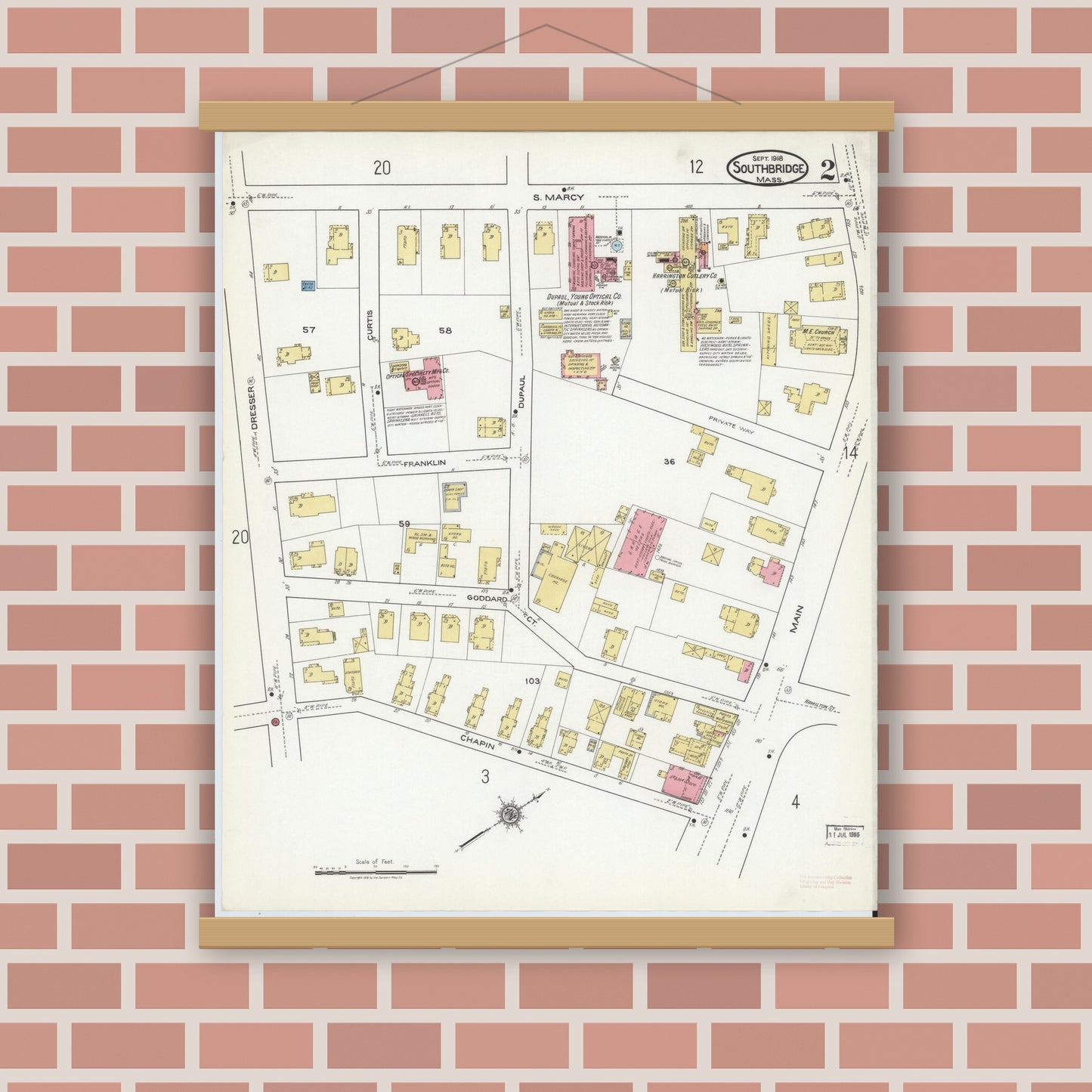 Old map wall art mockup — magnetic wood frame on brick wall — Sanborn Fire Insurance Map from Southbridge, Worcester County, Massachusetts (1918), Sheet #0002