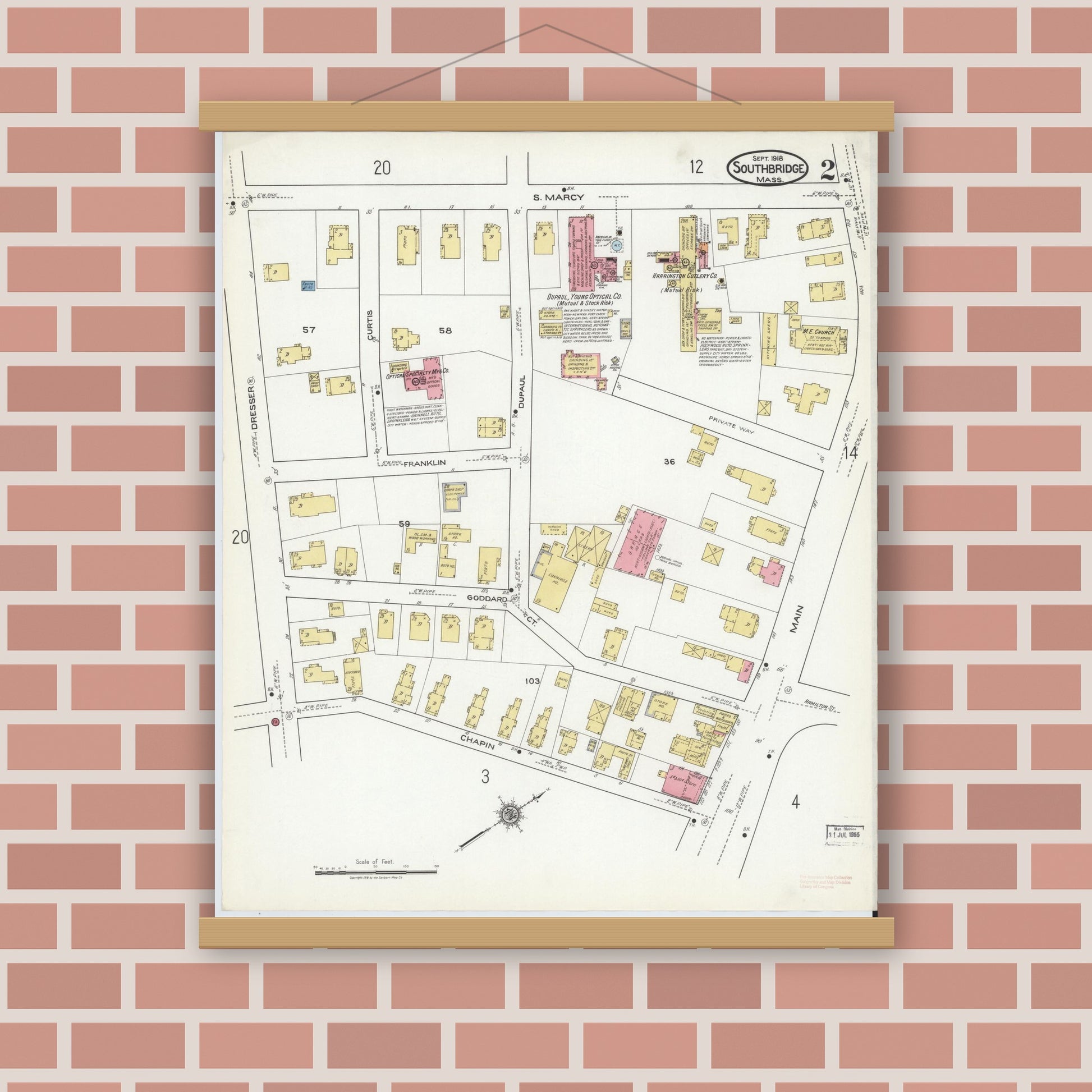 Old map wall art mockup — magnetic wood frame on brick wall — Sanborn Fire Insurance Map from Southbridge, Worcester County, Massachusetts (1918), Sheet #0002