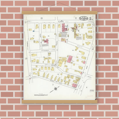 Old map wall art mockup — magnetic wood frame on brick wall — Sanborn Fire Insurance Map from Southbridge, Worcester County, Massachusetts (1918), Sheet #0002
