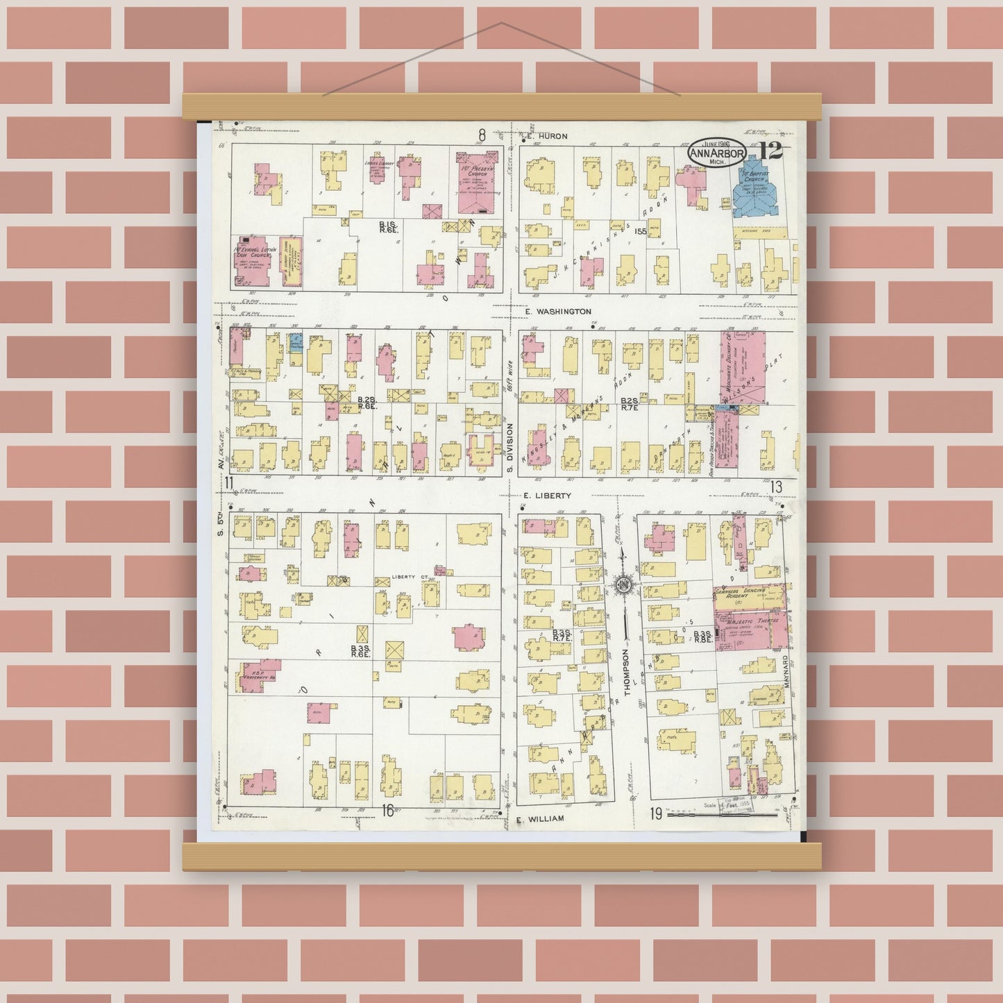 Old map wall art mockup — magnetic wood frame on brick wall — Sanborn Fire Insurance Map from Ann Arbor, Washtenaw County, Michigan (1916), Sheet #0012