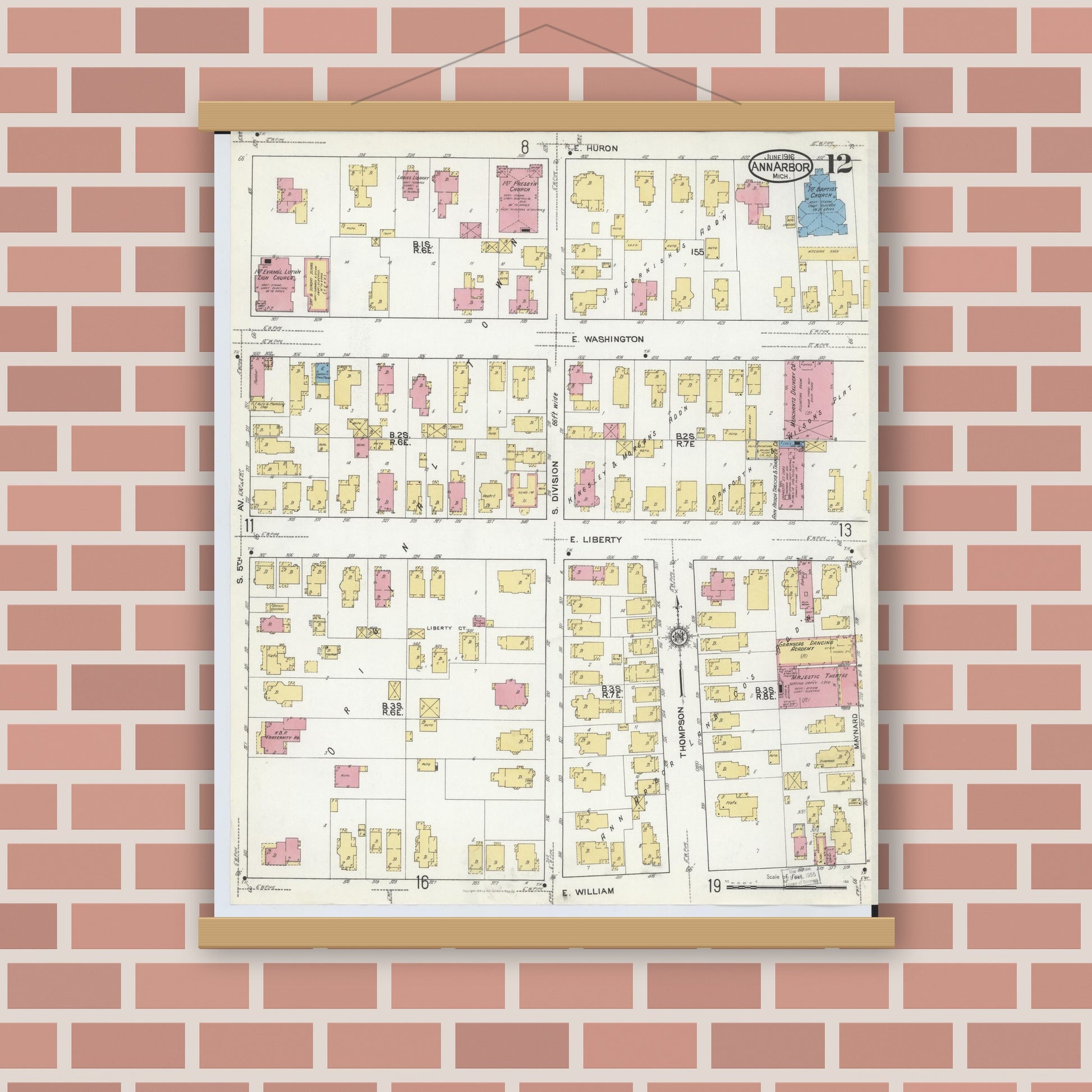 Old map wall art mockup — magnetic wood frame on brick wall — Sanborn Fire Insurance Map from Ann Arbor, Washtenaw County, Michigan (1916), Sheet #0012