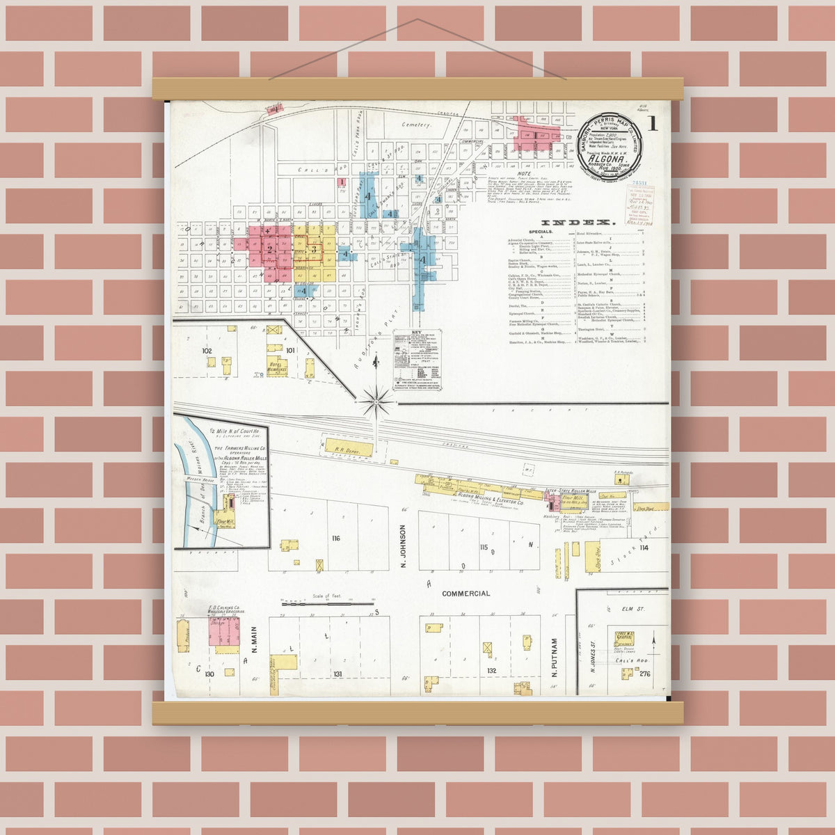 Old map wall art mockup — magnetic wood frame on brick wall — Sanborn Fire Insurance Map from Algona, Kossuth County, Iowa (1900) â€” Complete Set