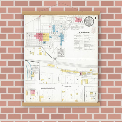 Old map wall art mockup — magnetic wood frame on brick wall — Sanborn Fire Insurance Map from Algona, Kossuth County, Iowa (1900) â€” Complete Set