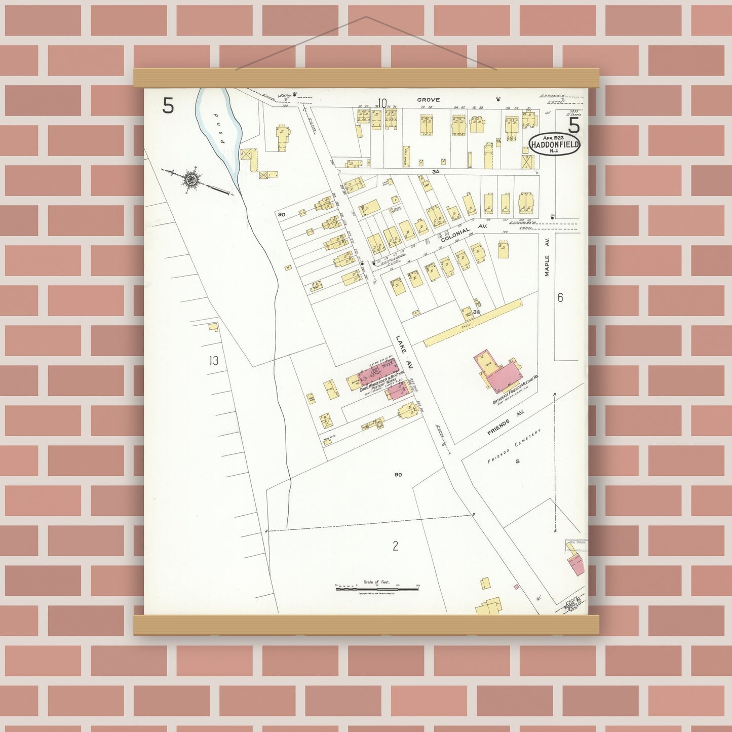 Old map wall art mockup — magnetic wood frame on brick wall — Sanborn Fire Insurance Map from Haddonfield, Camden County, New Jersey (1923), Sheet #0005