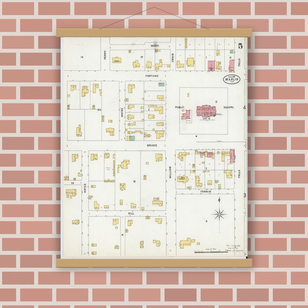 Old map wall art mockup — magnetic wood frame on brick wall — Sanborn Fire Insurance Map from Marlin, Falls County, Texas (1899), Sheet #0005