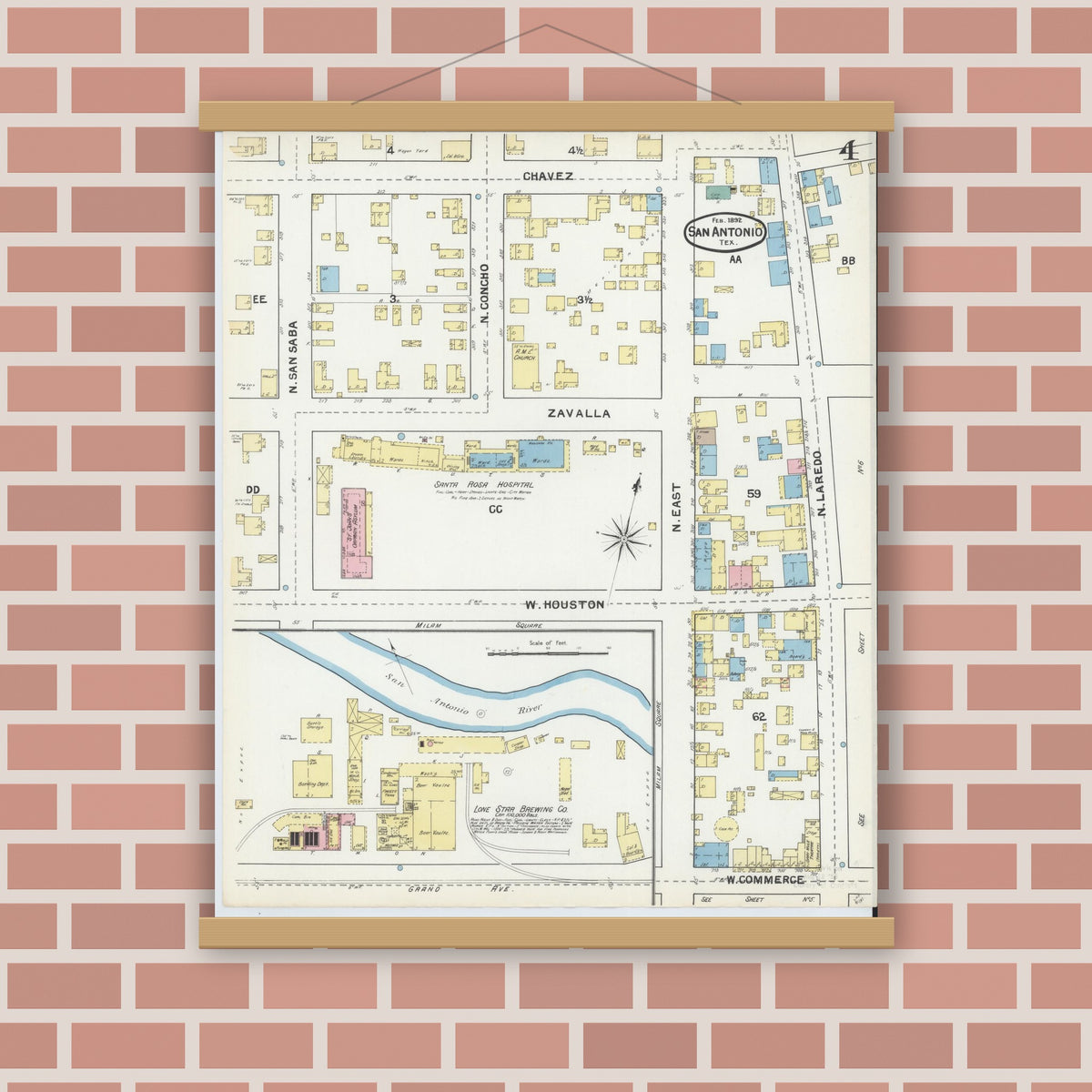 Old map wall art mockup — magnetic wood frame on brick wall — Sanborn Fire Insurance Map from San Antonio, Bexar County, Texas (1892), Sheet #0004