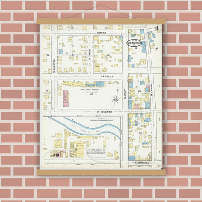 Old map wall art mockup — magnetic wood frame on brick wall — Sanborn Fire Insurance Map from San Antonio, Bexar County, Texas (1892), Sheet #0004