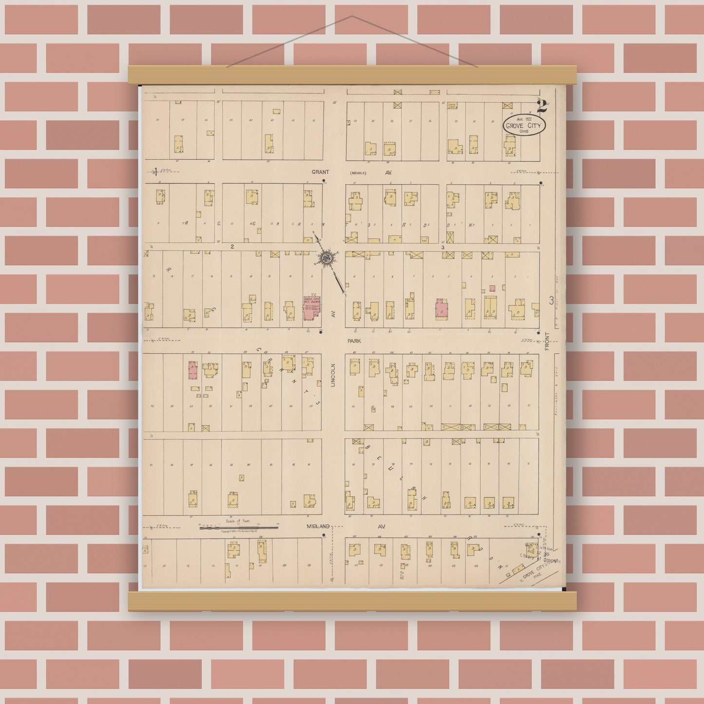 Old map wall art mockup — magnetic wood frame on brick wall — Sanborn Fire Insurance Map from Grove City, Franklin County, Ohio (1922), Sheet #0002