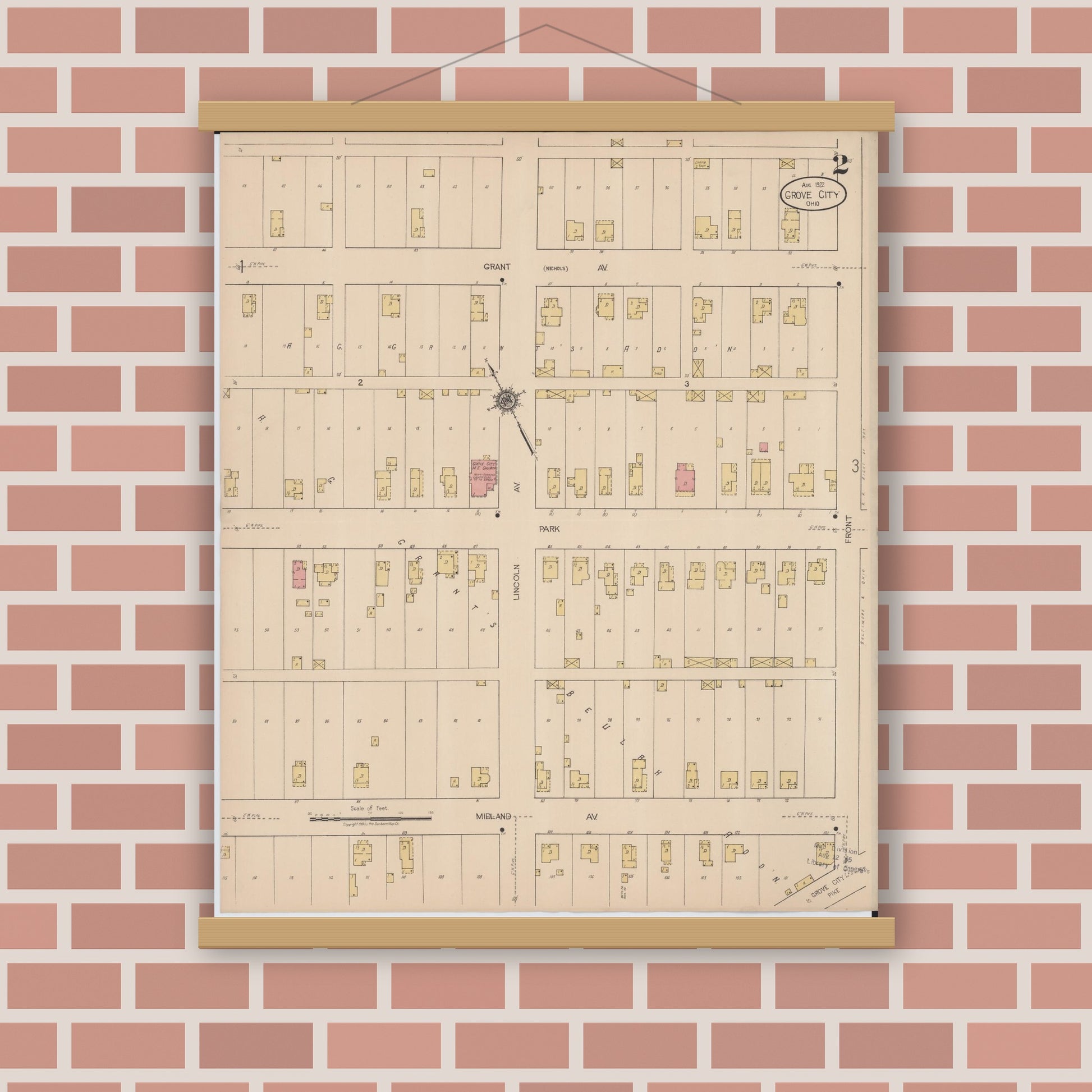 Old map wall art mockup — magnetic wood frame on brick wall — Sanborn Fire Insurance Map from Grove City, Franklin County, Ohio (1922), Sheet #0002