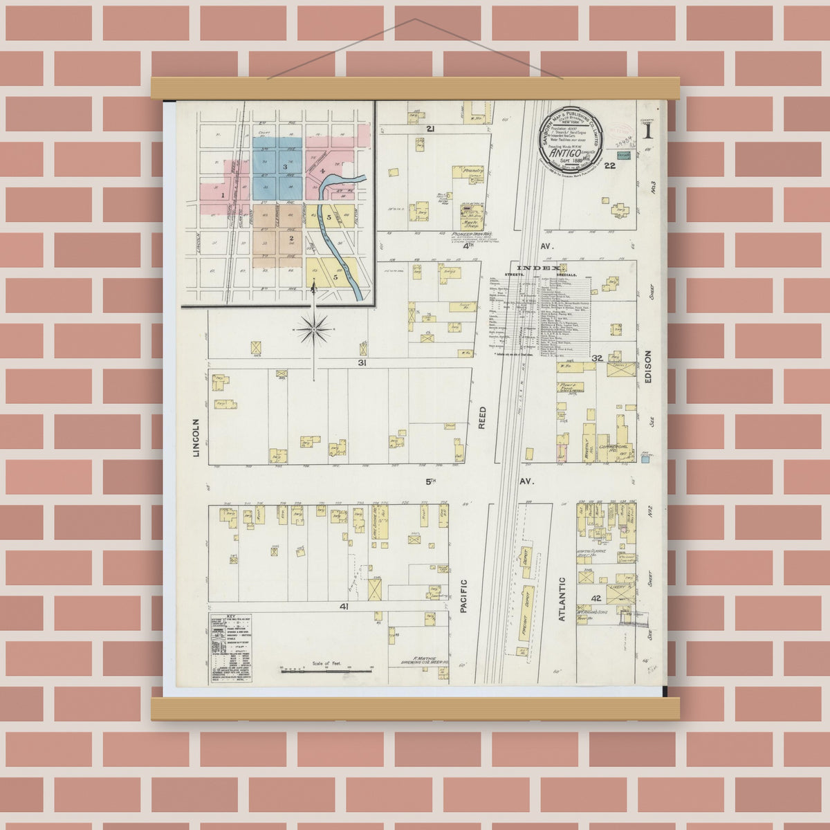 Old map wall art mockup — magnetic wood frame on brick wall — Sanborn Fire Insurance Map from Antigo, Langlade County, Wisconsin (1889) - Complete Map Set