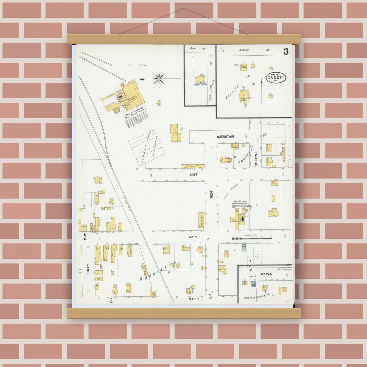 Old map wall art mockup — magnetic wood frame on brick wall — Sanborn Fire Insurance Map from Cadott, Chippewa County, Wisconsin (1900), Sheet #0003