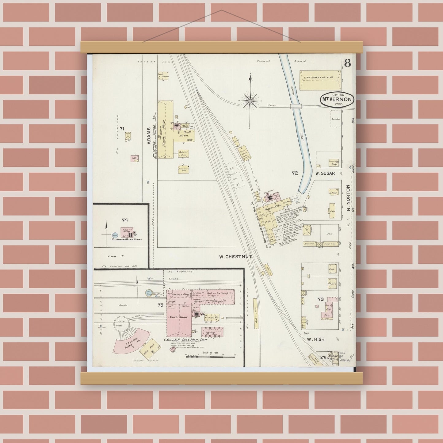 Old map wall art mockup — magnetic wood frame on brick wall — Sanborn Fire Insurance Map from Mount Vernon, Knox County, Ohio (1887), Sheet #0008