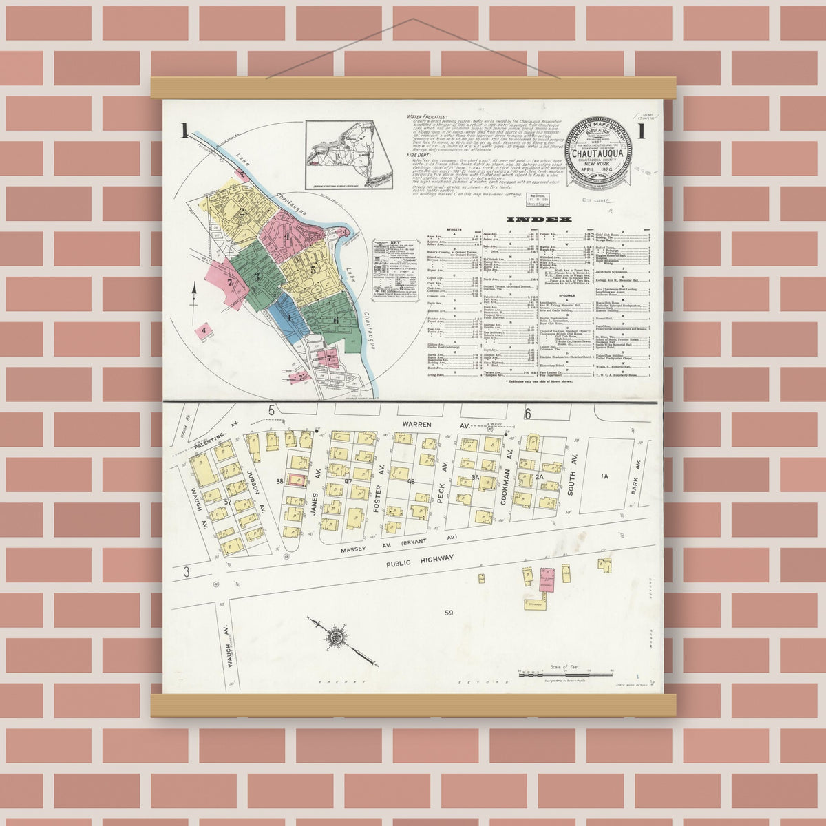Old map wall art mockup — magnetic wood frame on brick wall — Sanborn Fire Insurance Map from Cheektowaga, Erie County, New York (1924), Sheet #0001