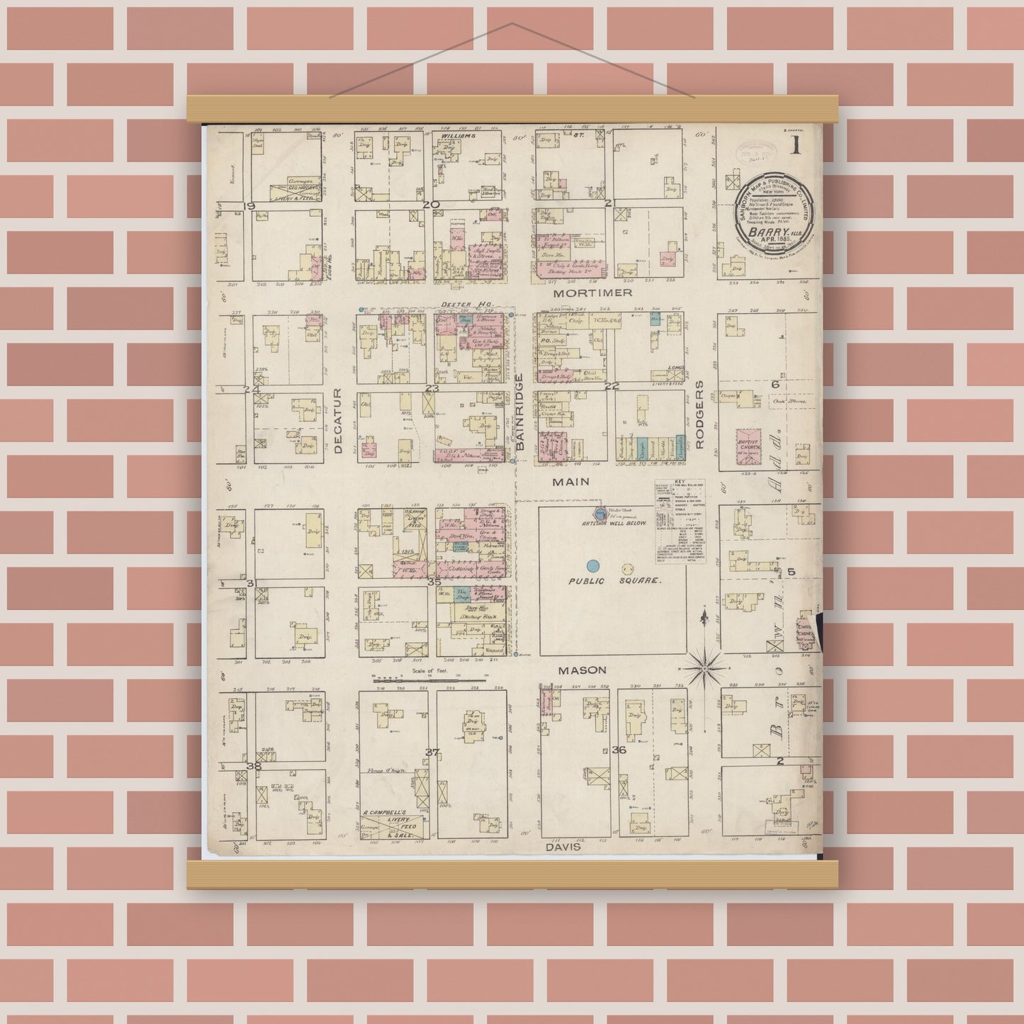 Old map wall art mockup — magnetic wood frame on brick wall — Sanborn Fire Insurance Map from Barry, Pike County, Illinois (1885), Sheet #0001