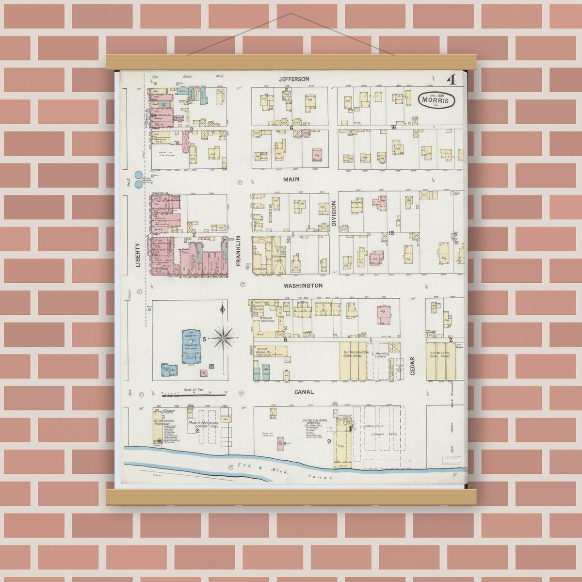 Old map wall art mockup — magnetic wood frame on brick wall — Sanborn Fire Insurance Map from Morris, Grundy County, Illinois (1889), Sheet #0004