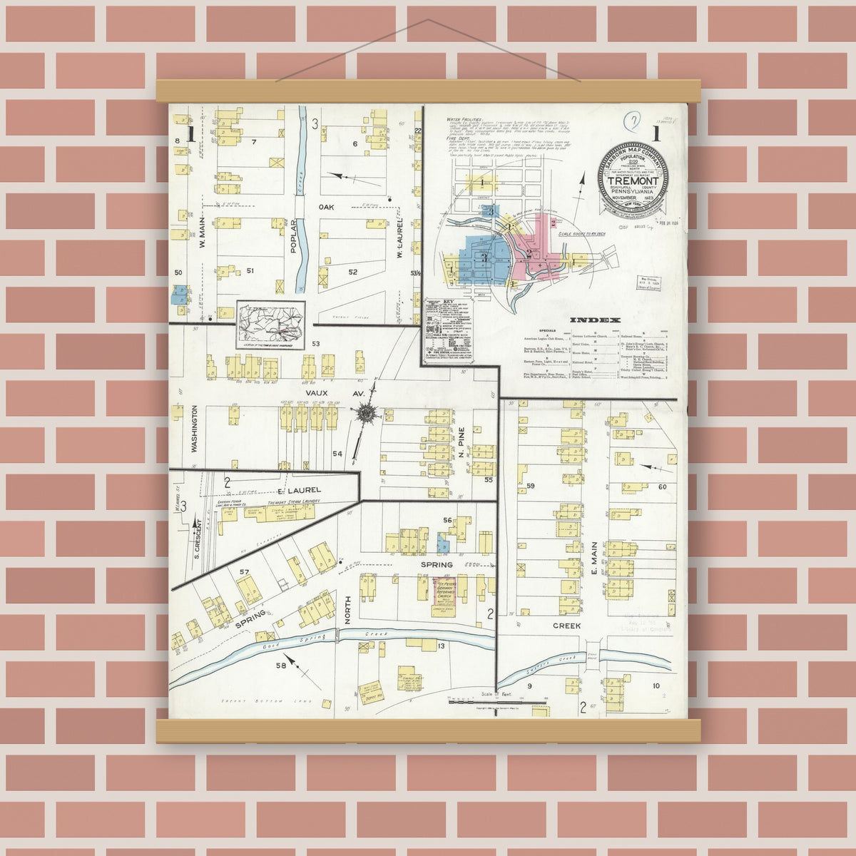 Old map wall art mockup — magnetic wood frame on brick wall — Sanborn Fire Insurance Map from Tremont, Schuylkill County, Pennsylvania (1923), Sheet #0001