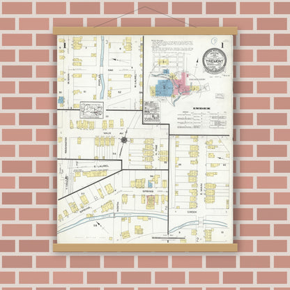 Old map wall art mockup — magnetic wood frame on brick wall — Sanborn Fire Insurance Map from Tremont, Schuylkill County, Pennsylvania (1923), Sheet #0001